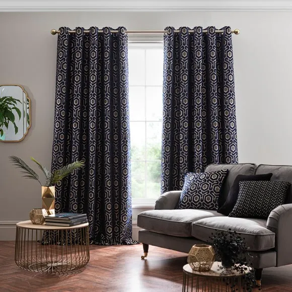 Eyelet Curtains with Geometric Pattern - Navy, Velvet