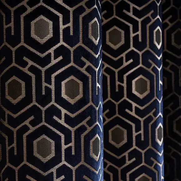 Eyelet Curtains with Geometric Pattern - Navy, Velvet