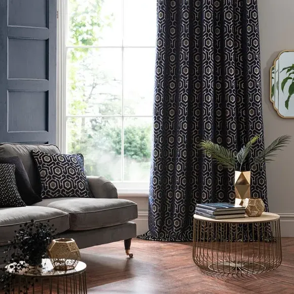 Eyelet Curtains with Geometric Pattern - Navy, Velvet