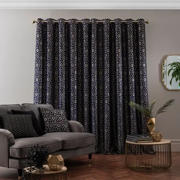 Eyelet Curtains with Geometric Pattern - Navy, Velvet