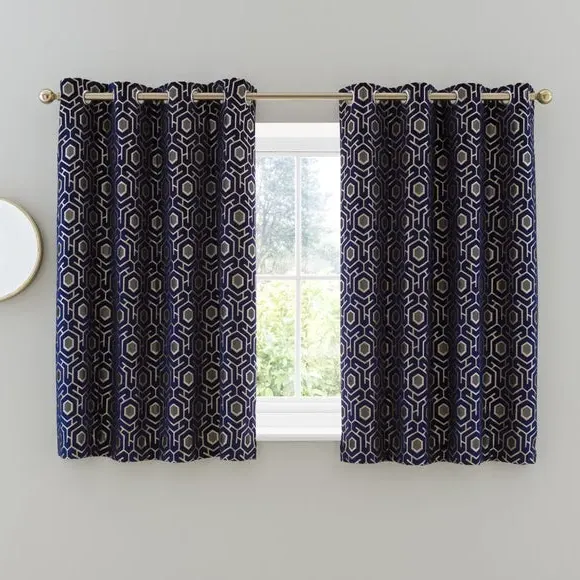 Eyelet Curtains with Geometric Pattern - Navy, Velvet