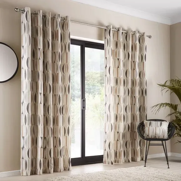 Eyelet Curtains with Geometric Print - Natural