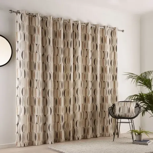 Eyelet Curtains with Geometric Print - Natural