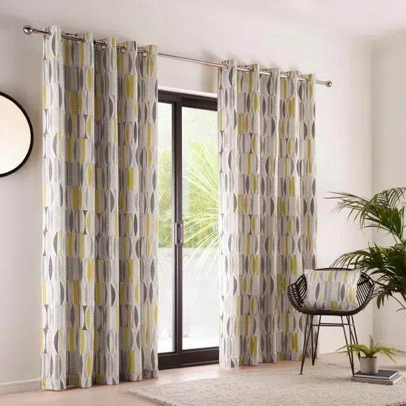 Eyelet Curtains with Geometric Print - Ochre