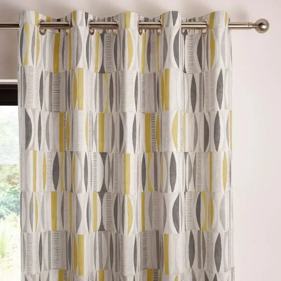 Eyelet Curtains with Geometric Print - Ochre
