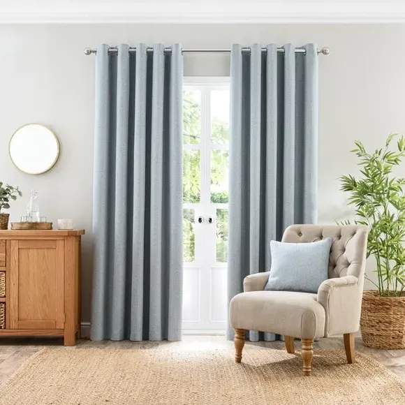 Eyelet Curtains with Header - Blue, Polyester