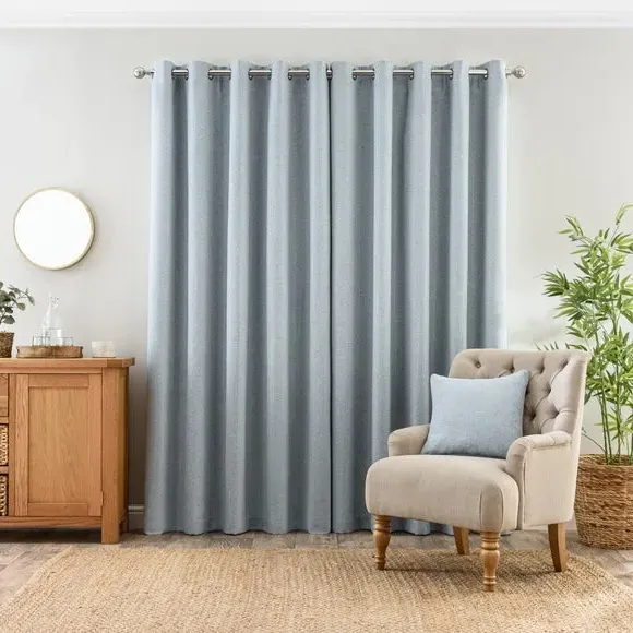 Eyelet Curtains with Header - Blue, Polyester