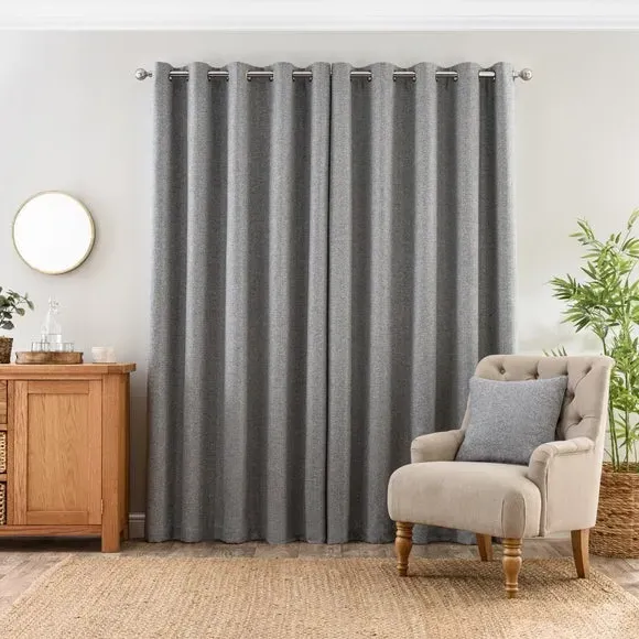 Eyelet Curtains with Header - Grey, Polyester