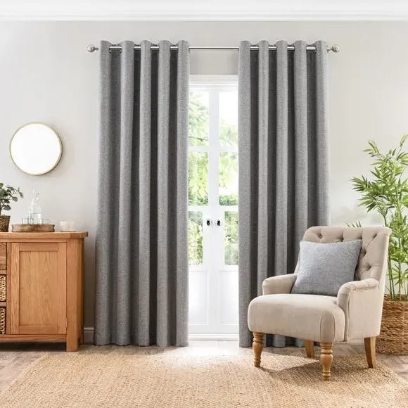 Eyelet Curtains with Header - Grey, Polyester