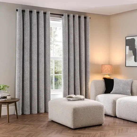 Eyelet Curtains with Herringbone - Silver, Chenille