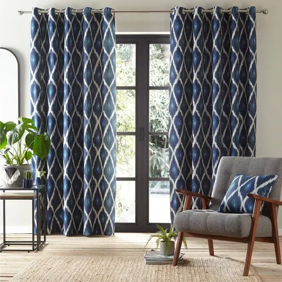 Eyelet Curtains with Ikat Print - Navy, Cotton