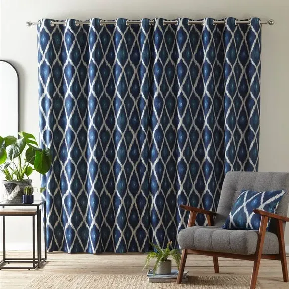 Eyelet Curtains with Ikat Print - Navy, Cotton