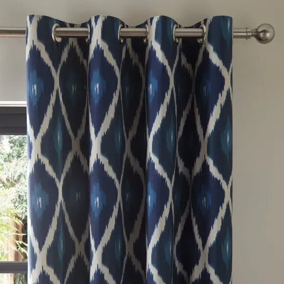 Eyelet Curtains with Ikat Print - Navy, Cotton