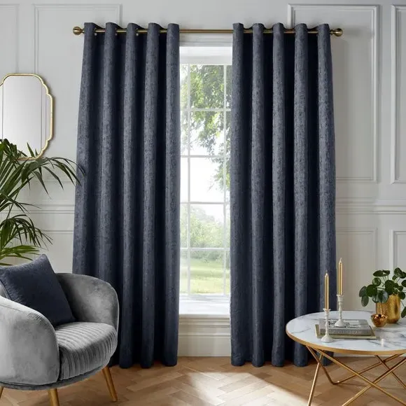 Eyelet Curtains with Jacquard - Navy, Polyester