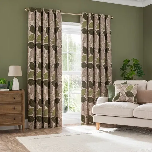 Eyelet Curtains with Jacquard Pattern - Olive