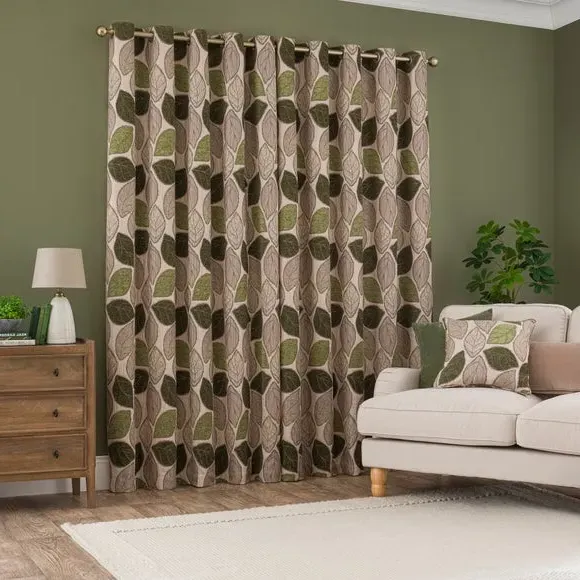 Eyelet Curtains with Jacquard Pattern - Olive