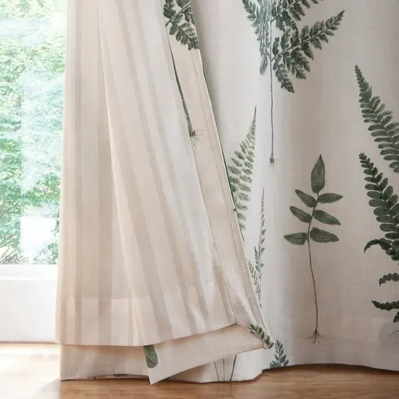 Eyelet Curtains with Leaf Print - Green, Cotton