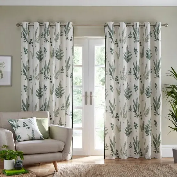 Eyelet Curtains with Leaf Print - Green, Cotton