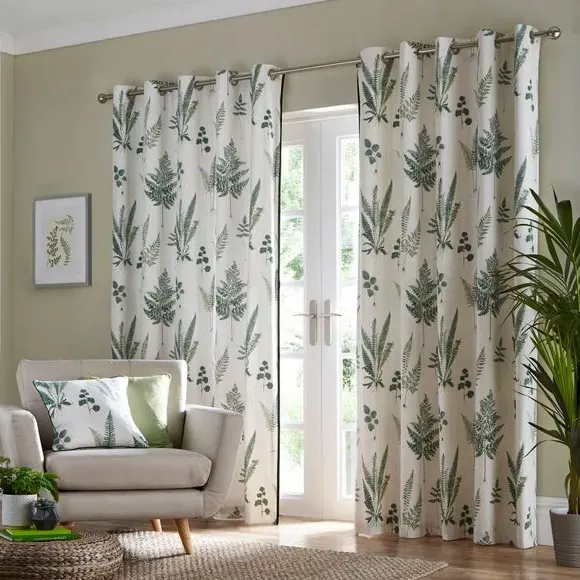 Eyelet Curtains with Leaf Print - Green, Cotton