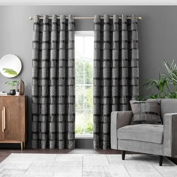Eyelet Curtains with Lining - Black, Chenille