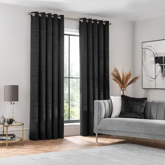 Eyelet Curtains with Lining - Black, Velvet