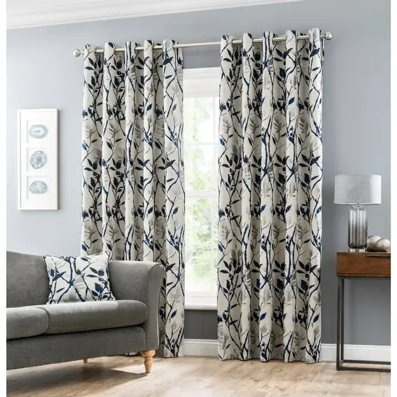 Eyelet Curtains with Lining - Blue, Jacquard