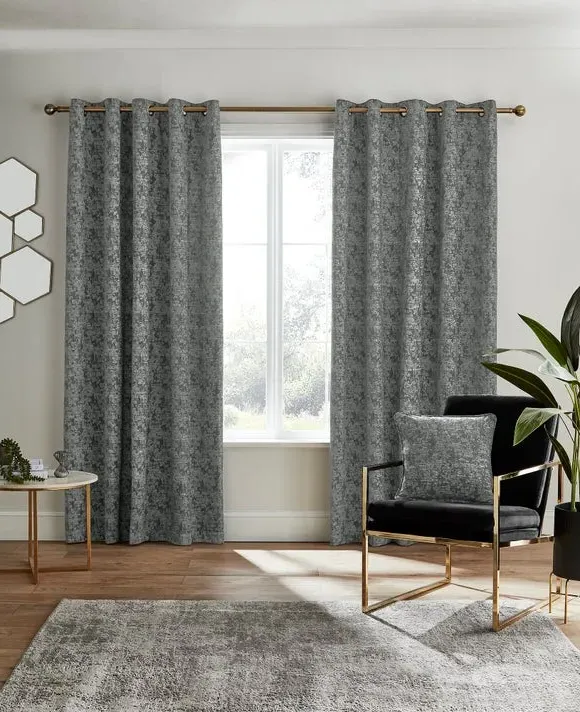 Eyelet Curtains with Lining - Grey, Chenille
