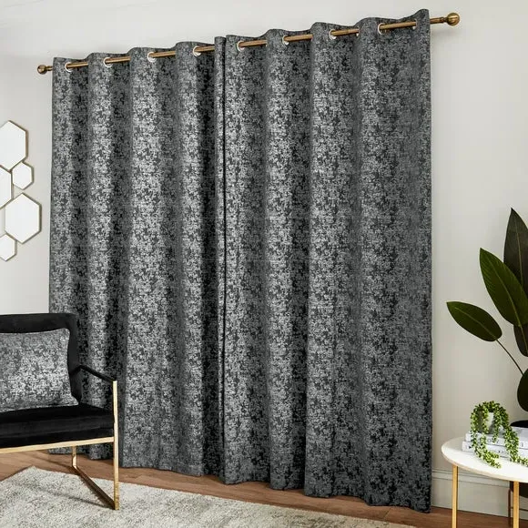 Eyelet Curtains with Lining - Grey, Chenille