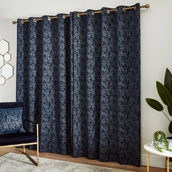 Eyelet Curtains with Lining - Navy, Chenille