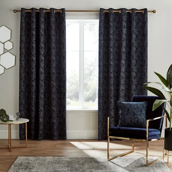 Eyelet Curtains with Lining - Navy, Chenille