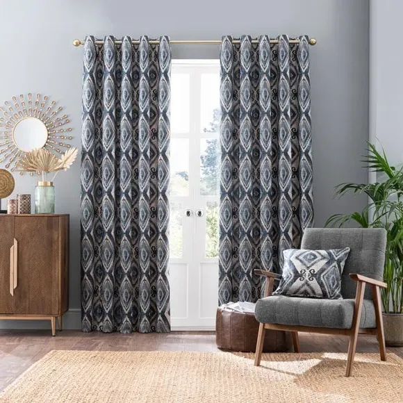 Eyelet Curtains with Lining - Navy, Polyester image