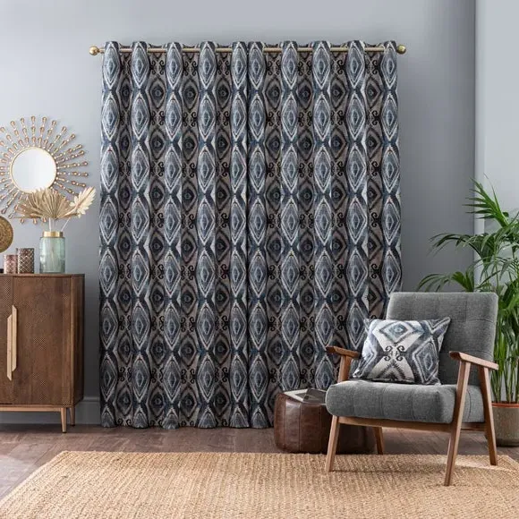 Eyelet Curtains with Lining - Navy, Polyester