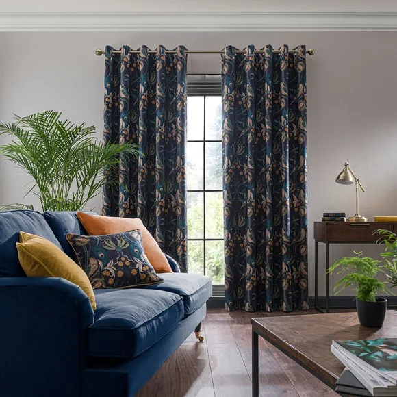 Eyelet Curtains with Lining - Navy, Polyester