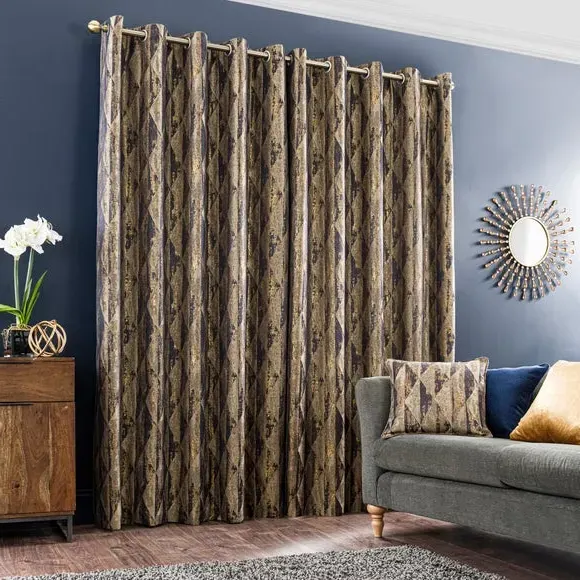 Eyelet Curtains with Metallic Design - Blue