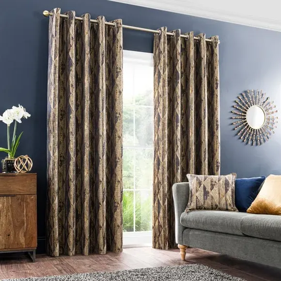 Eyelet Curtains with Metallic Design - Blue