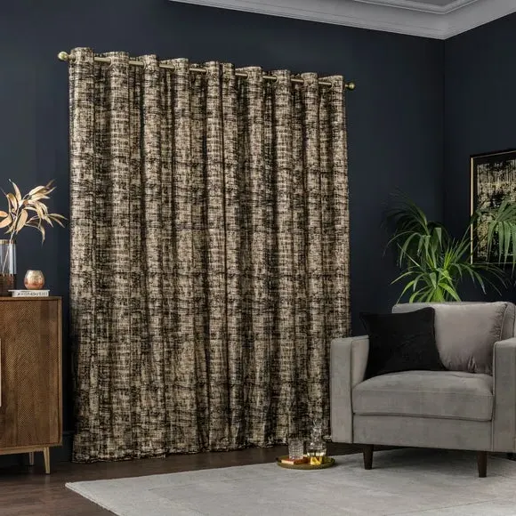Eyelet Curtains with Metallic Print - Black