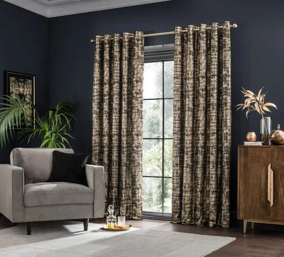 Eyelet Curtains with Metallic Print - Black