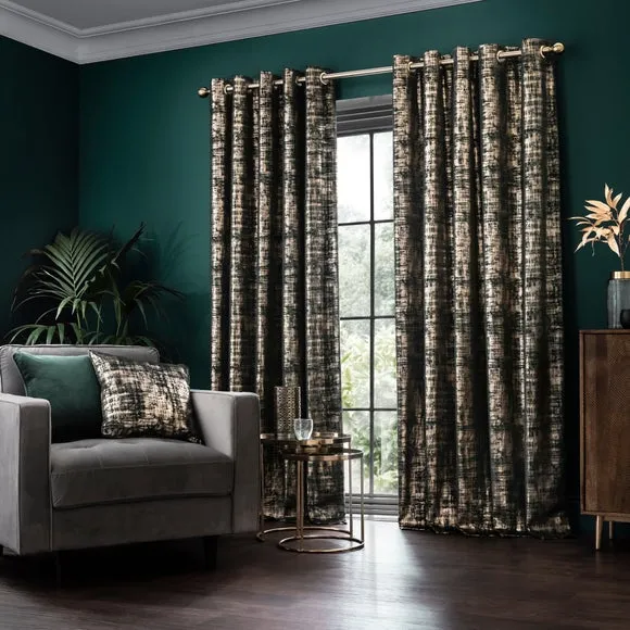 Eyelet Curtains with Metallic Print - Emerald