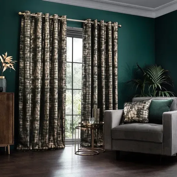Eyelet Curtains with Metallic Print - Emerald