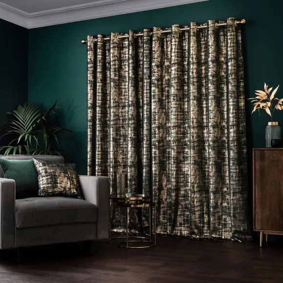 Eyelet Curtains with Metallic Print - Emerald