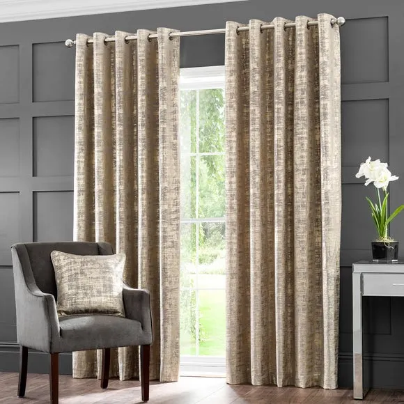 Eyelet Curtains with Metallic Print - Gold
