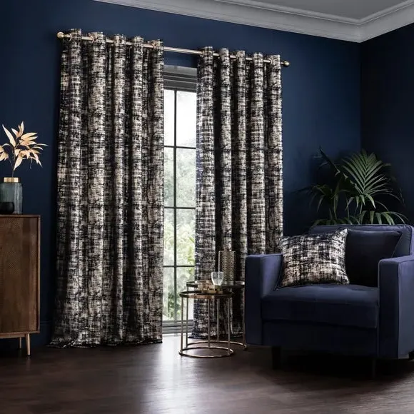 Eyelet Curtains with Metallic Print - Navy