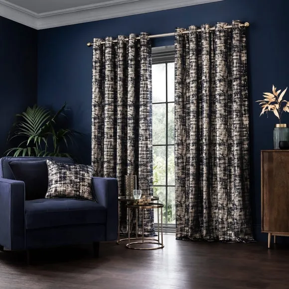 Eyelet Curtains with Metallic Print - Navy