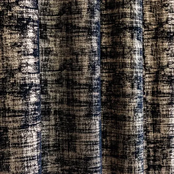 Eyelet Curtains with Metallic Print - Navy