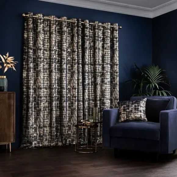 Eyelet Curtains with Metallic Print - Navy