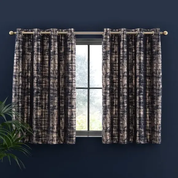 Eyelet Curtains with Metallic Print - Navy