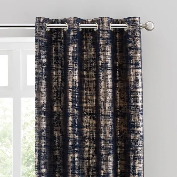 Eyelet Curtains with Metallic Print - Navy
