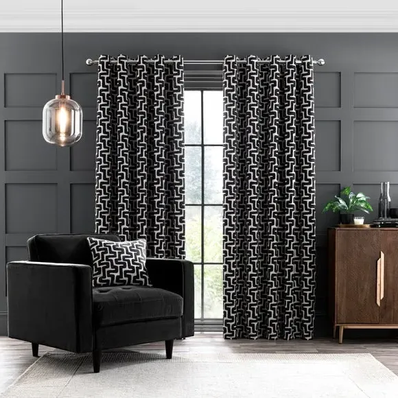 Eyelet Curtains with Pattern - Charcoal, Chenille