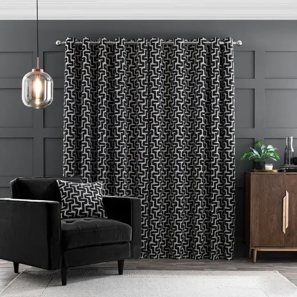 Eyelet Curtains with Pattern - Charcoal, Chenille