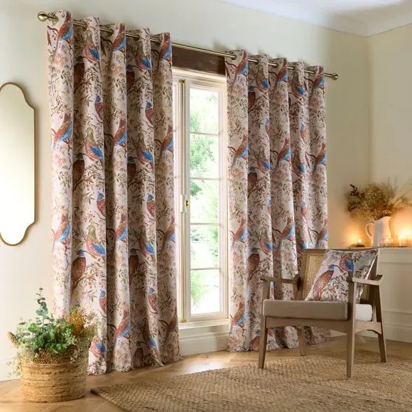 Eyelet Curtains with Pheasant Print - Natural